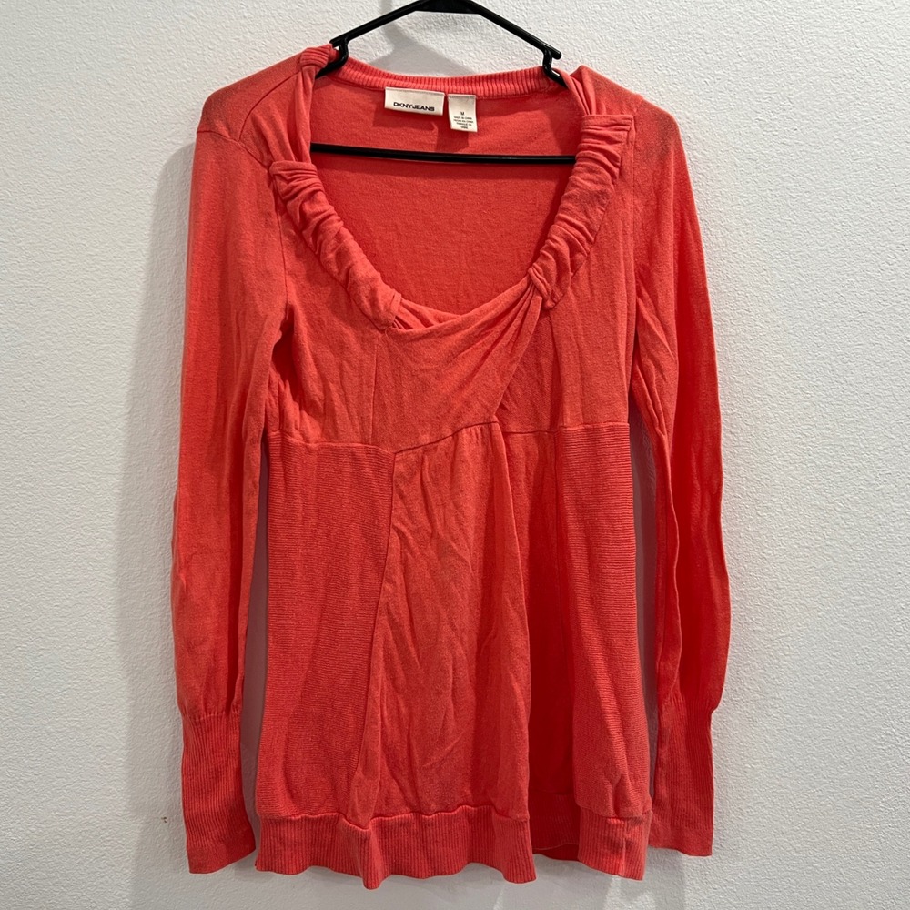 Y2K DKNY Womens M Coral‎ Ruched Empire Waist Knit Top Long Sleeve Sweater